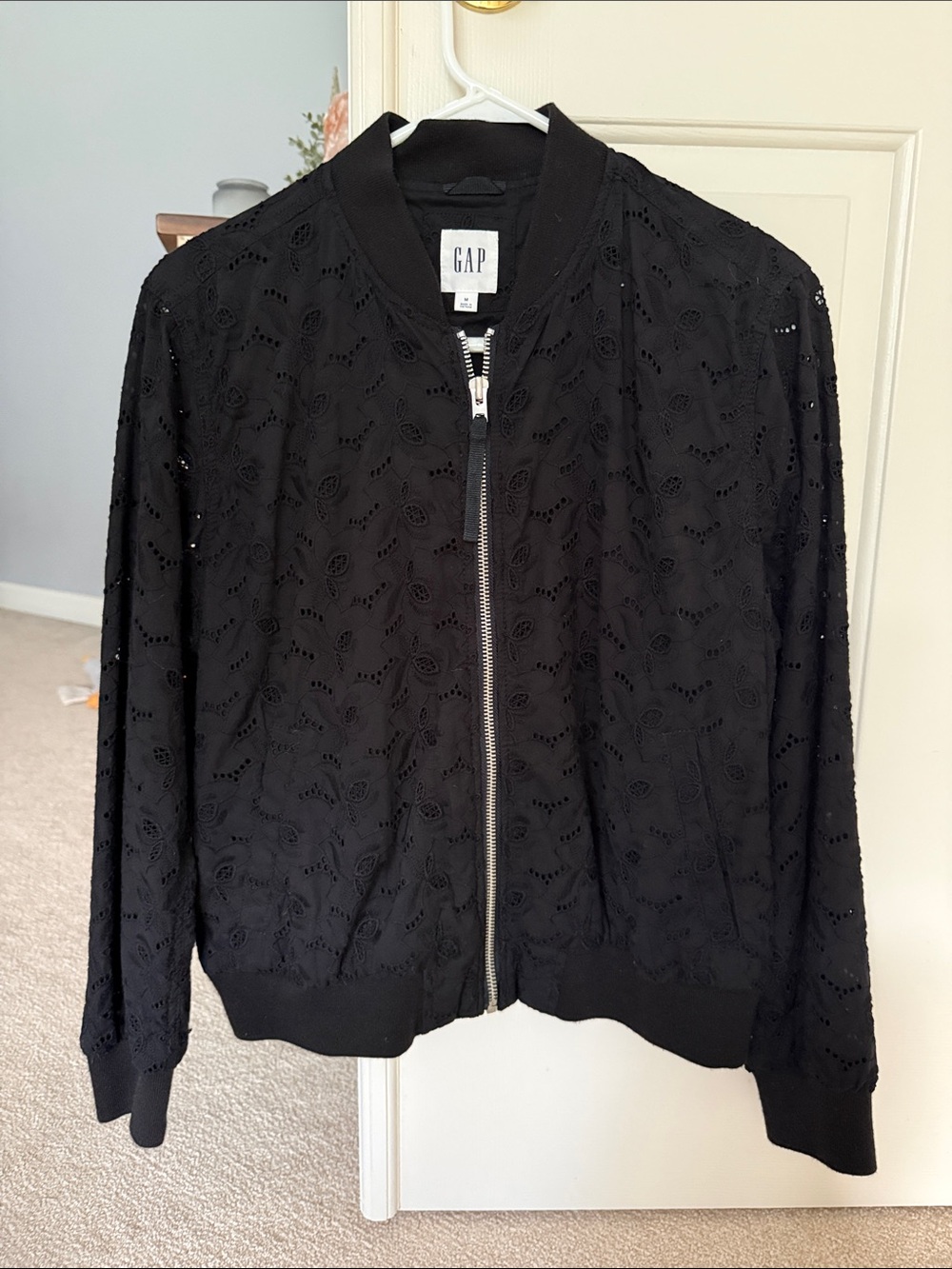 GAP Black Eyelet Lace Bomber Jacket